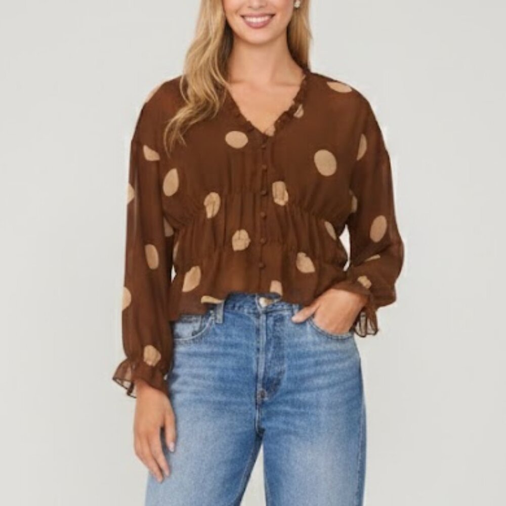 Parker Brown Cream Polka Dot Ruffle Blouse Small Sheer Long Sleeve NWOT